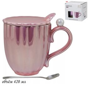  Кружка Lenardi 106-134, с крышкой и ложкой, розовая, ПУ в Симферополе