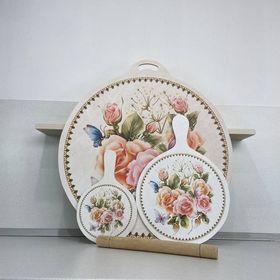  Набор для раскатки теста МИРНУРИ, Розы Бабочка, доска деревянная 3 шт. d65, d35, d22 см + скалка 40 см в Симферополе
